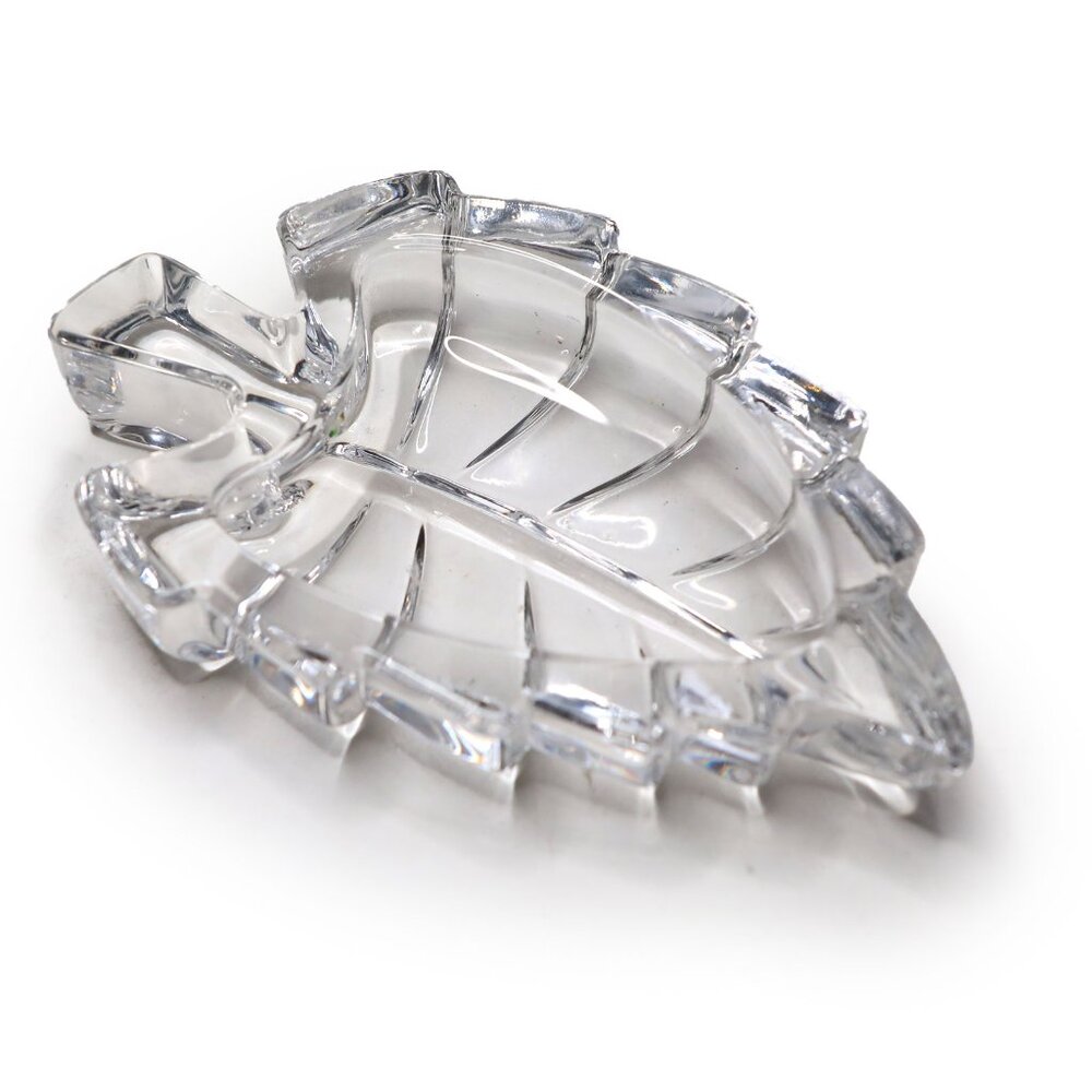 Vintage Heavy Pressed Glass Leaf Dish | Clear Crystal Trinket Tray | Mid Century